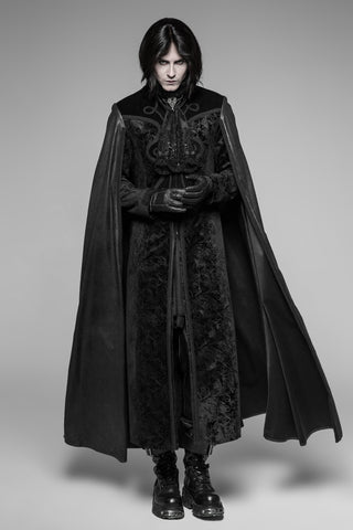 Punk Rave WY-934 black gothic vampire long overcoat with lace detailing and flowing cape worn by model