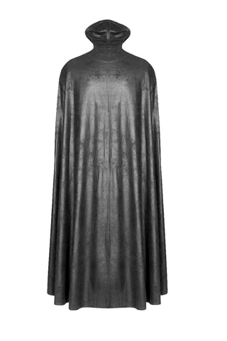 black gothic overcoat with long cape panel, flat back view