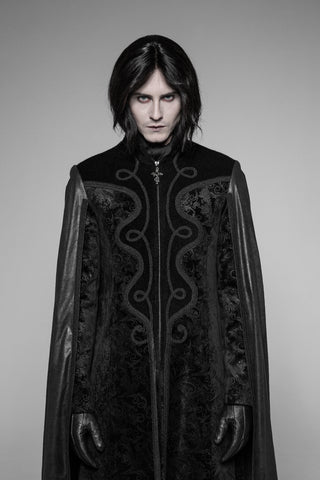 black gothic overcoat front detail with lace embroidery and high collar