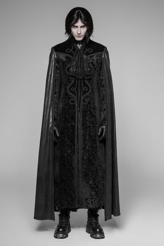 black gothic long overcoat with lace front detail and cape, front view