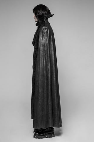 black gothic long overcoat with flowing cape, side view