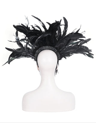 back side black feather crown displayed on mannequin head against a white background.