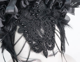 Close-up of black lace and bead forehead panel with feathers and ribbon trim, white background.