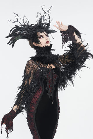 Full-body view of black feather headdress and black-and-red gown on mannequin, white background.