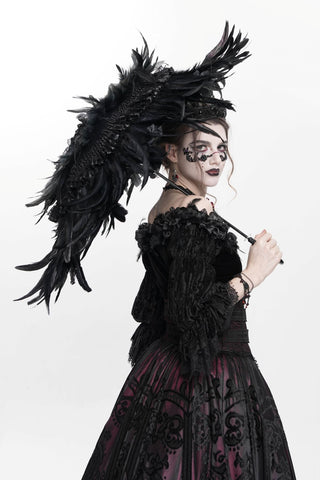 Black feather parasol with layered canopy and curved handle