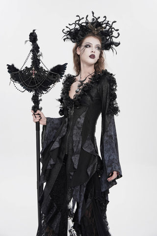 Black layered Gothic dress with flowing bell sleeves, textured fabric panels, floral detailing, and Salem of the Black Chapel dark fantasy staff accessory.