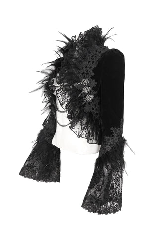 Angled view of Eva Lady ECT015 black velvet bolero jacket with lace trim, feather details, and silver chains