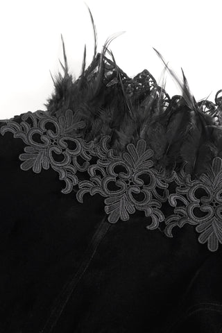 Close-up of back collar on Eva Lady ECT015 bolero jacket featuring black feathers and embroidered lace trim