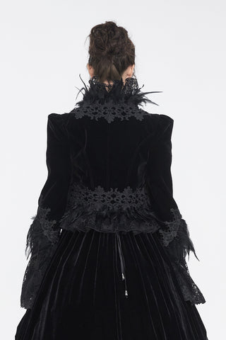 Back view of Eva Lady ECT015 bolero jacket showing black velvet fabric, lace trim, and feather accents