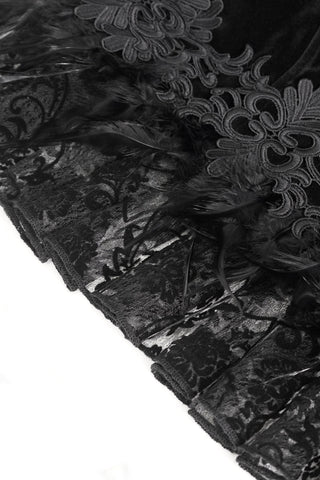 Close-up of hemline showing black lace, embroidered trim, and feather detailing on Eva Lady ECT015 bolero jacket