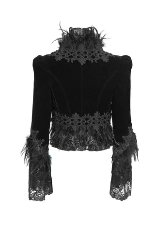 Back view of Eva Lady ECT015 Gothic bolero jacket showing lace trim, feather cuffs, and structured velvet silhouette