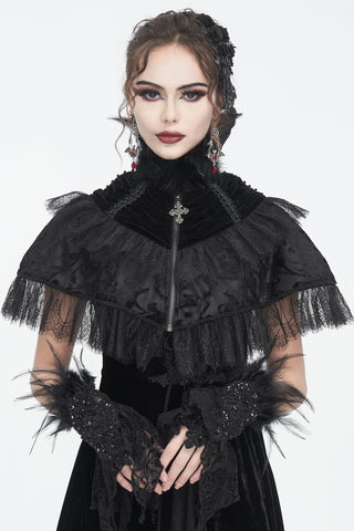 Black gothic lace wrist cuffs with feather trim and draped hanky edges