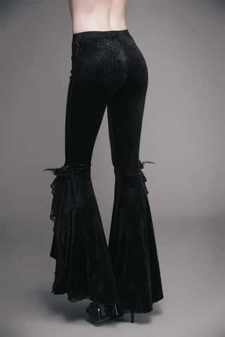 Back view of eva lady ept002 black jacquard velvet flare pants with detachable lace rose brooch and ruffled bell-bottoms, shown on a gray background.