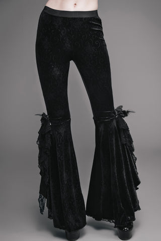 Eva Lady black jacquard velvet flare pants with detachable lace rose brooch and ruffled bell-bottom design, displayed on a gray background.