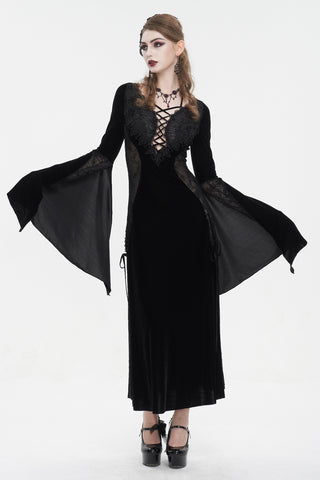 Black velvet A-line maxi dress with lace-up V neckline, sheer lace side panels, and long flared sleeves.