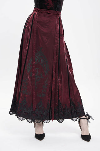 eva lady eskt069 maroon satin long skirt with black lace hem and embroidered details, shown on a model against a white background.