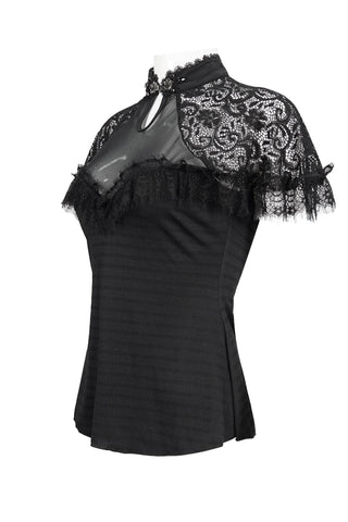 Angled view of eva lady ETT028 black Gothic lace top with high collar, mesh panel, and scalloped sleeves