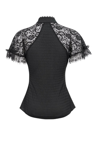 Back view of eva lady ETT028 black Gothic lace top with short lace sleeves and fitted waist