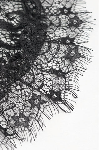 Close-up of eva lady ETT028 showing floral black lace fabric with scalloped edge and fine threadwork
