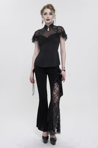 Model wearing eva lady ETT028 black Gothic lace high-neck top styled with lace panel flared pants