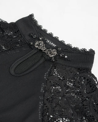 Close-up of eva lady ETT028 lace top showing metal clasp, scalloped trim, and sheer mesh neckline