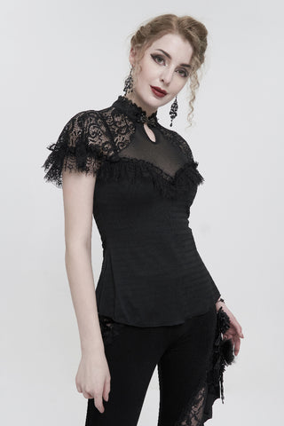 Side view of model wearing eva lady ETT028 black Gothic lace top with high neck and sheer mesh detail