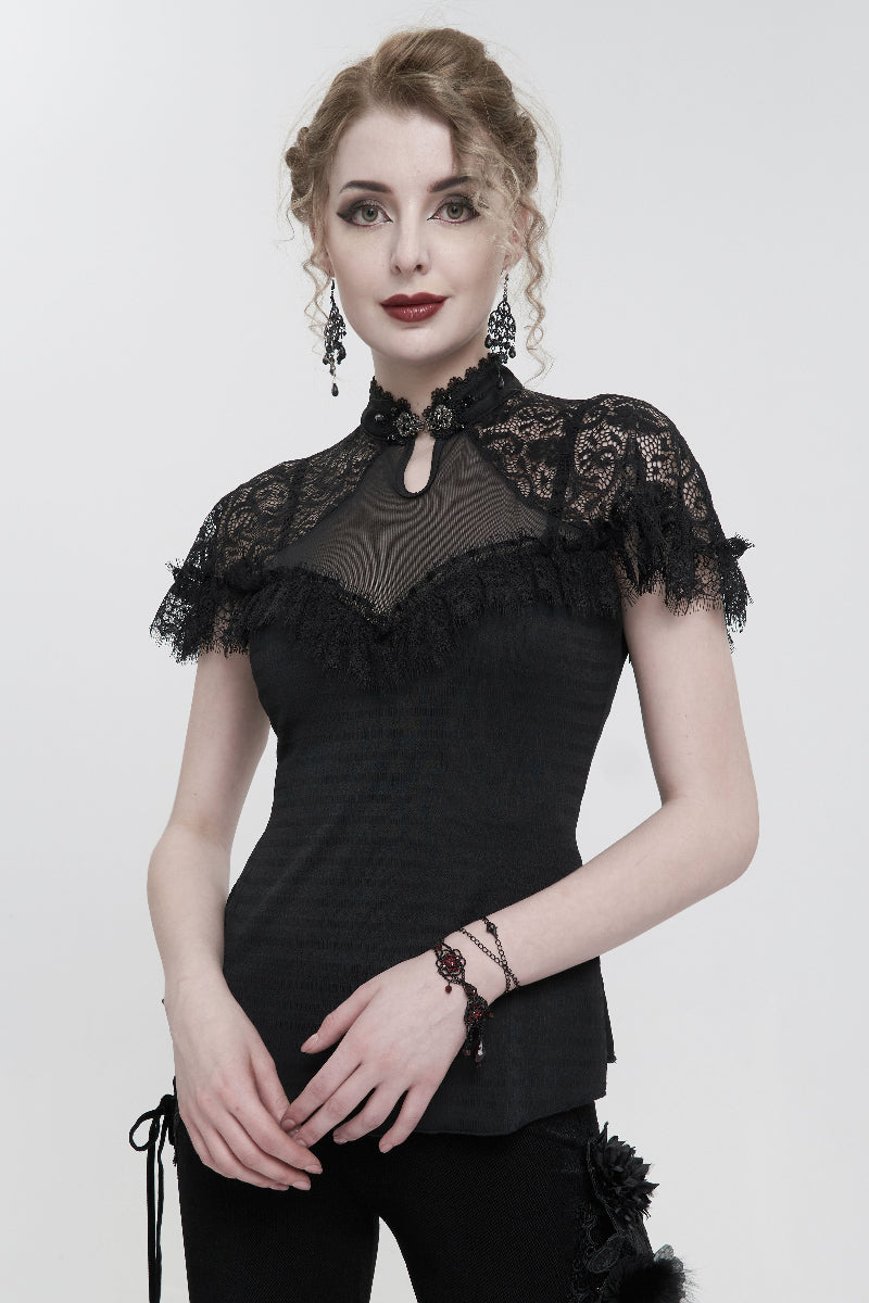 Model wearing Eva Lady ETT028 black Gothic lace high-neck top with mesh panel and cap sleeves