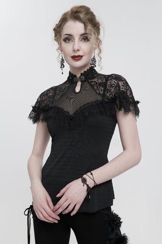 Model wearing Eva Lady ETT028 black Gothic lace high-neck top with mesh panel and cap sleeves