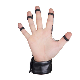 Back view of leather finger harness glove showing adjustable finger straps
