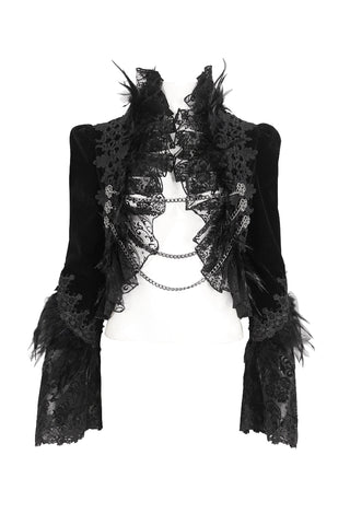 Front view of black velvet Gothic bolero jacket with ruffled lace, feathers, and silver chains