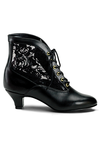 Black lace-up ankle boots with low heel, leather-look finish, and floral lace side panels.