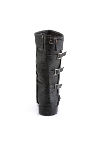 Back 3/4 angle view of black Funtasma Gotham-105 boot showing the layered cuff design and five silver buckle straps.