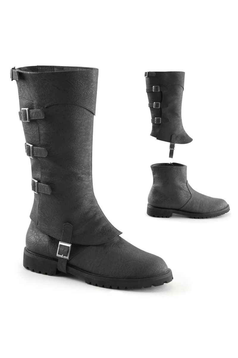 Black Funtasma Gotham-105 boots with detachable shaft, shown as both knee-high and ankle boot, featuring silver-tone buckle details and a distressed finish.