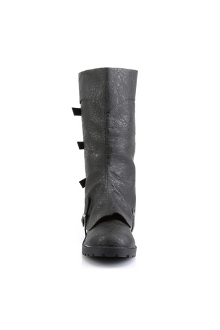 Front view of black Funtasma Gotham-105 knee-high costume boots with textured vegan leather and silver buckle details.