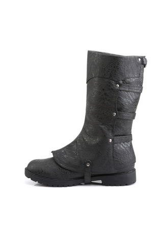 Left side view of black Funtasma Gotham-105 boot highlighting the detachable upper shaft with snap fasteners and textured vegan leather finish.