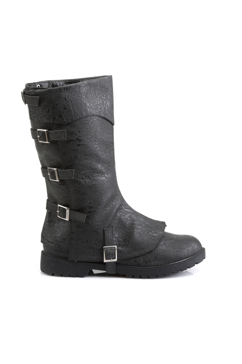 Side view of black Funtasma Gotham-105 boots with detachable shaft, silver-tone buckles, and textured vegan leather finish.