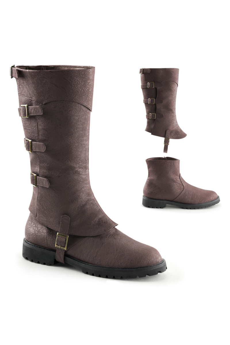 Brown Funtasma Gotham-105 costume boots with detachable shaft and brass buckle detail, shown as full knee-high and ankle boot variation.