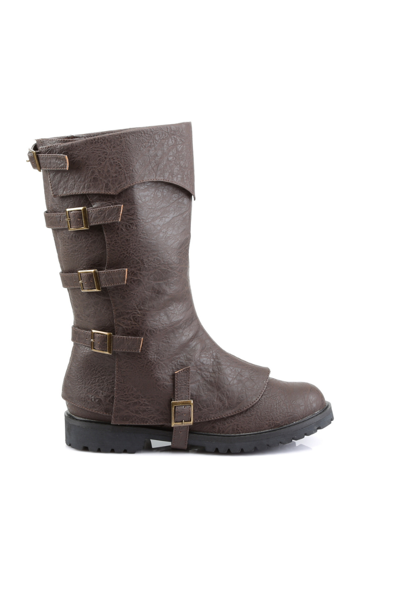 Side view of brown Funtasma Gotham-105 costume boots featuring textured vegan leather, five brass buckles, and a detachable knee-high shaft.