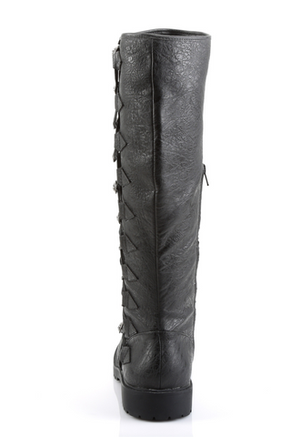 Funtasma Gotham-109 back view black Victorian knee-high boot with ribbon accents and textured faux leather on white background