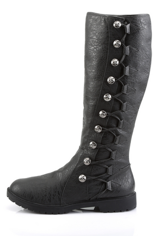 Funtasma Gotham-109 outer side view black Victorian knee-high boot with silver buttons and ribbon details on white background