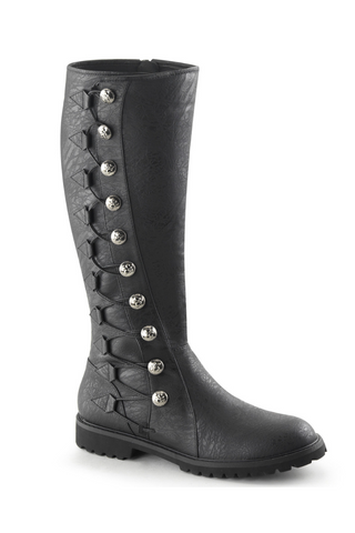 Funtasma Gotham-109 black knee-high Victorian style boot with side button details and ribbon accents on white background