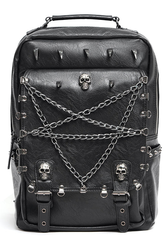 black leather backpack with studs Goth Backpack - Skulls Chains and Pentegram Detail