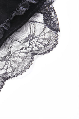 Back hem lace detail on black velvet Gothic bolero
