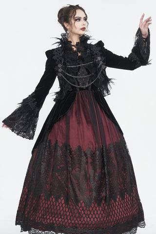 Model wearing black velvet Gothic bolero jacket styled with burgundy Victorian gown and lace detailing