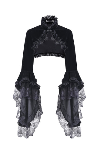 Black velvet Gothic bolero with 3D floral embroidery and dramatic lace cuffs