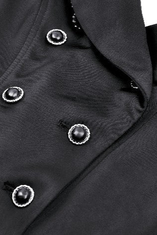 Close-up of ornate button detailing on black Gothic coat