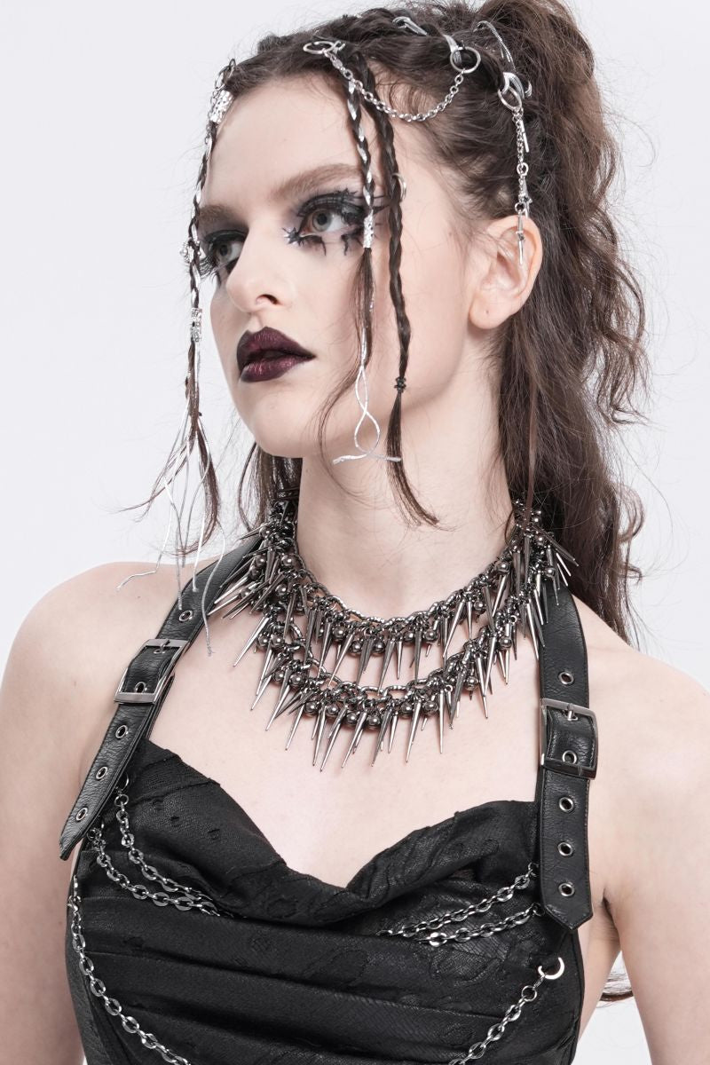 Model wearing Gothic double spike chain collar with dark makeup and black chain-accented outfit.