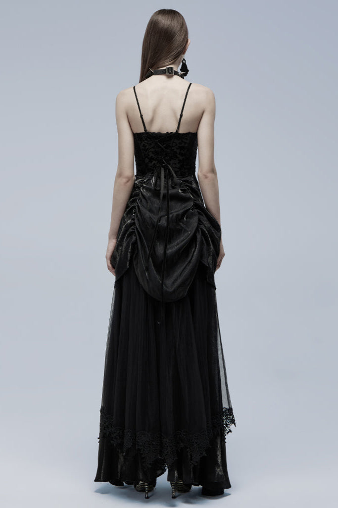 Back view of model wearing black Gothic dress