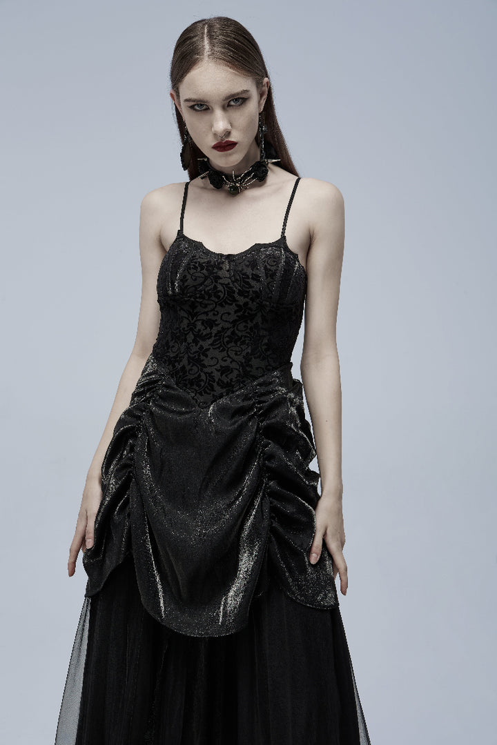 Close-up of Gothic dress bodice with velvet pattern and straps