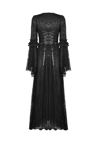 Back of long Gothic dress with lace detail and flared hem shown flat